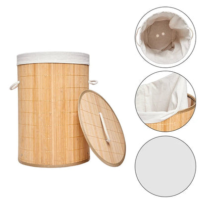 Panier à Linge Pliable en Bambou avec Doublure et Poignée