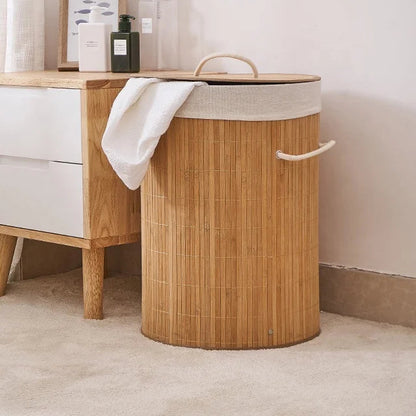 Panier à Linge Pliable en Bambou avec Doublure et Poignée