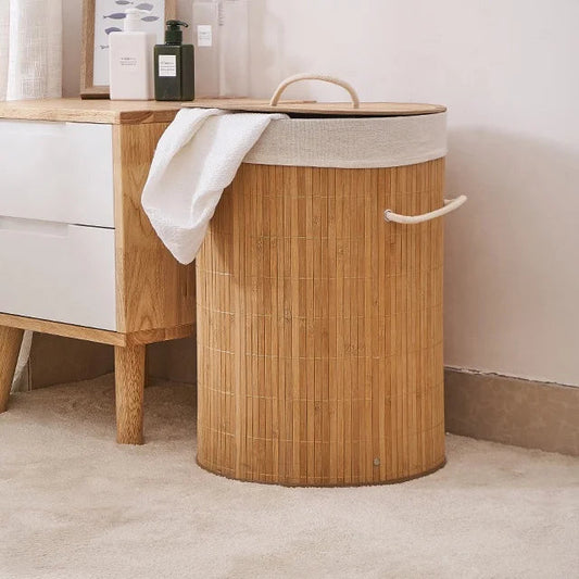 Panier à Linge Pliable en Bambou avec Doublure et Poignée