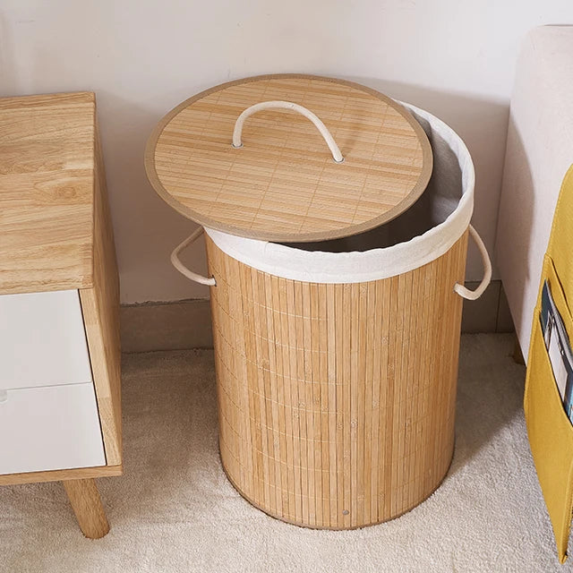 Panier à Linge Pliable en Bambou avec Doublure et Poignée
