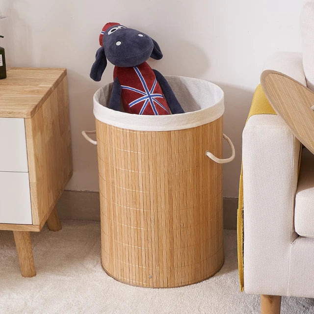 Panier à Linge Pliable en Bambou avec Doublure et Poignée