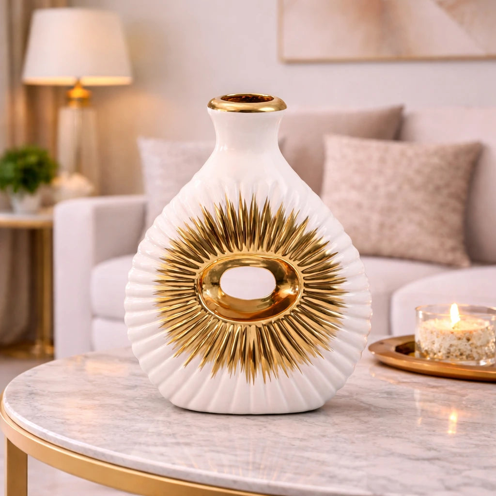 Vase décoratif blanc et or motif soleil