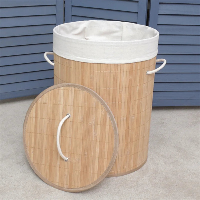 Panier à Linge Pliable en Bambou avec Doublure et Poignée